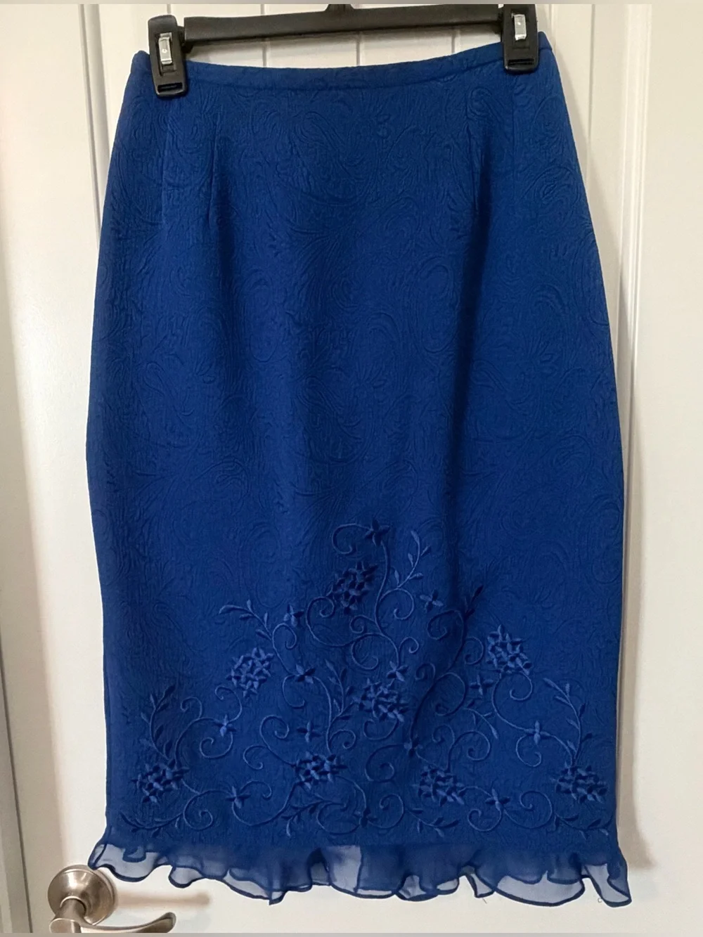 Women's Royal Blue Embroidered Jacket & Skirt Set Chiffon Trim
